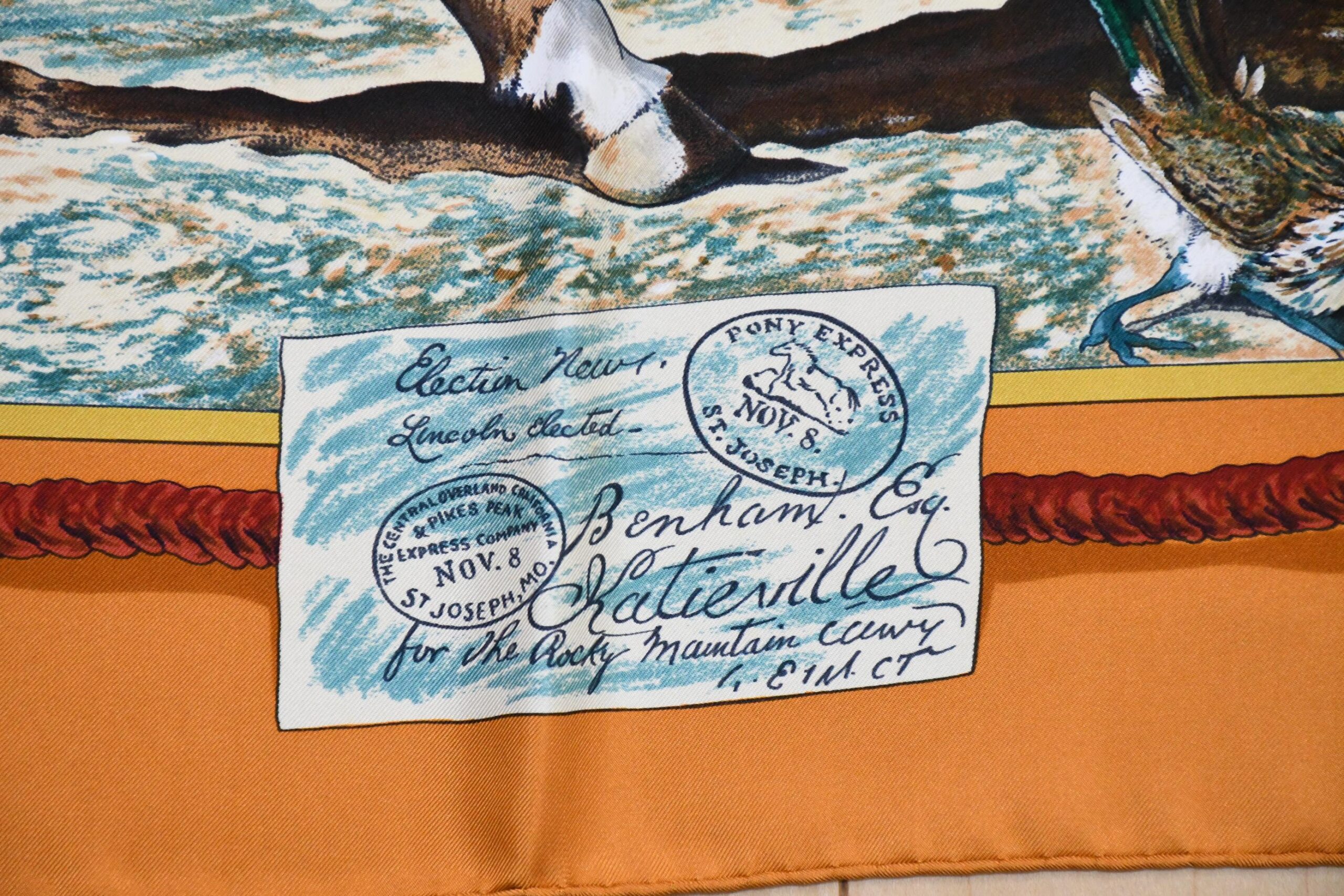 Hermes Scarf The Pony Express by Kermit Oliver 90 cm silk brown camel Carre post 35 APR64215_1202 (15)