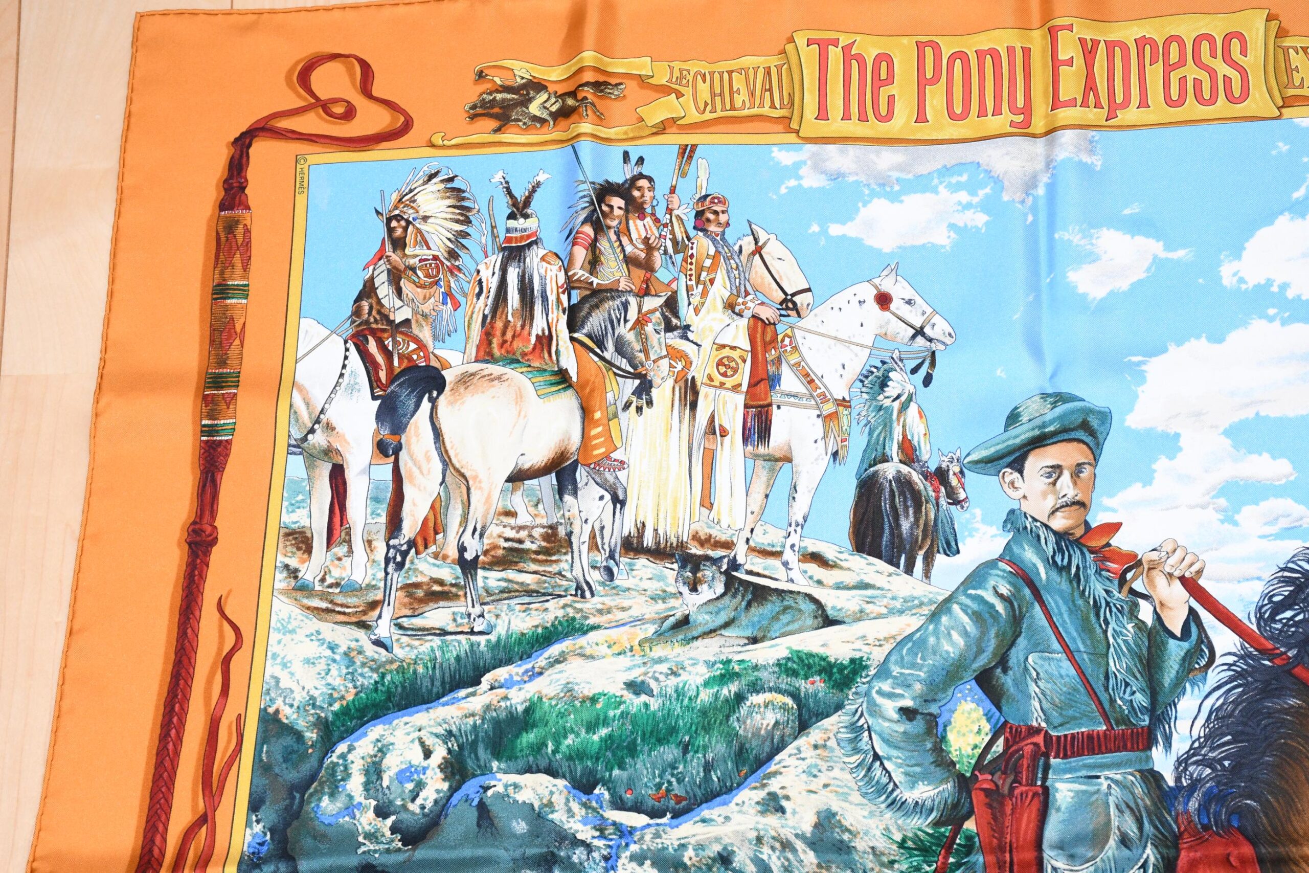 Hermes Scarf The Pony Express by Kermit Oliver 90 cm silk brown camel Carre post 35 APR64215_1202 (5)