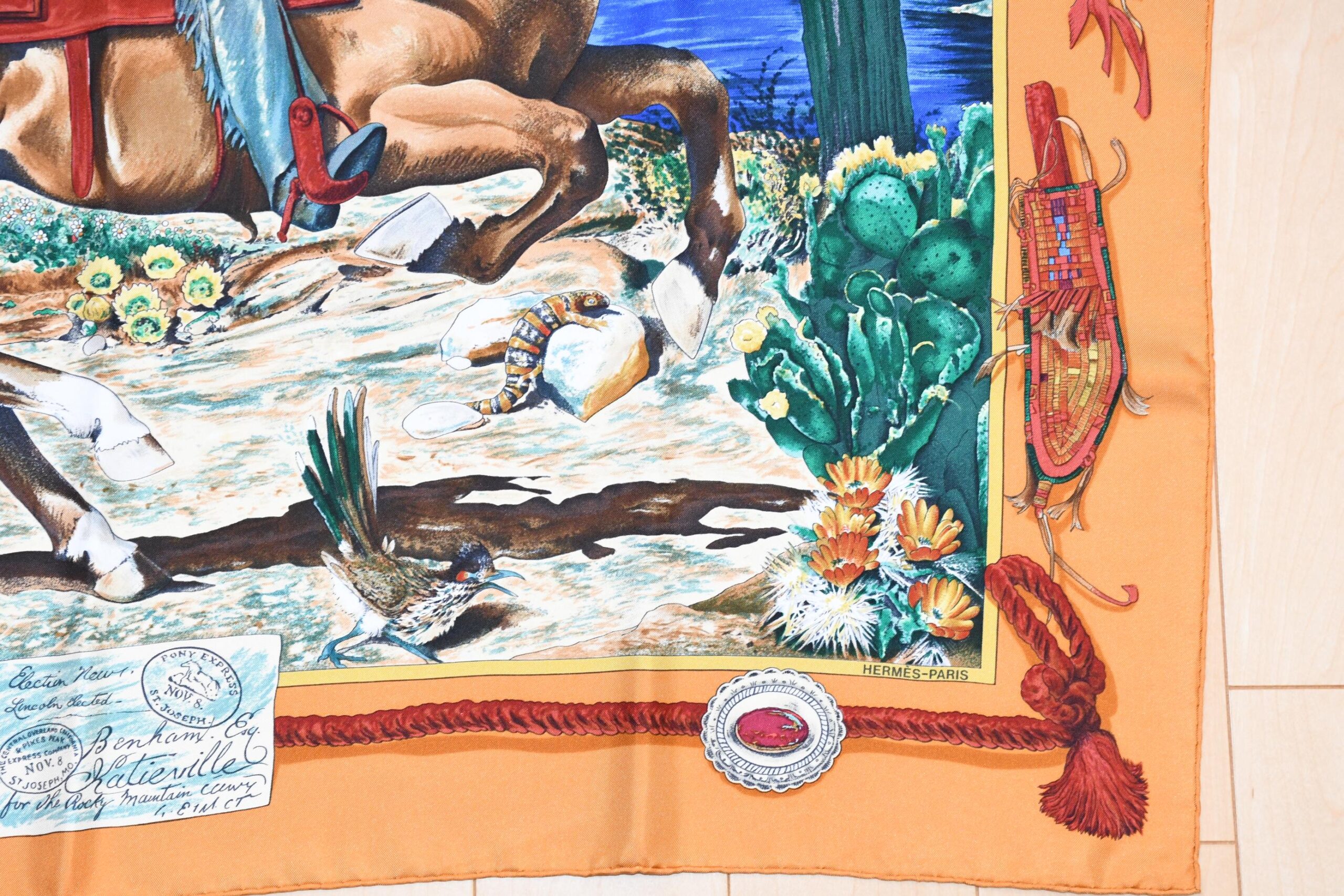Hermes Scarf The Pony Express by Kermit Oliver 90 cm silk brown camel Carre post 35 APR64215_1202 (7)
