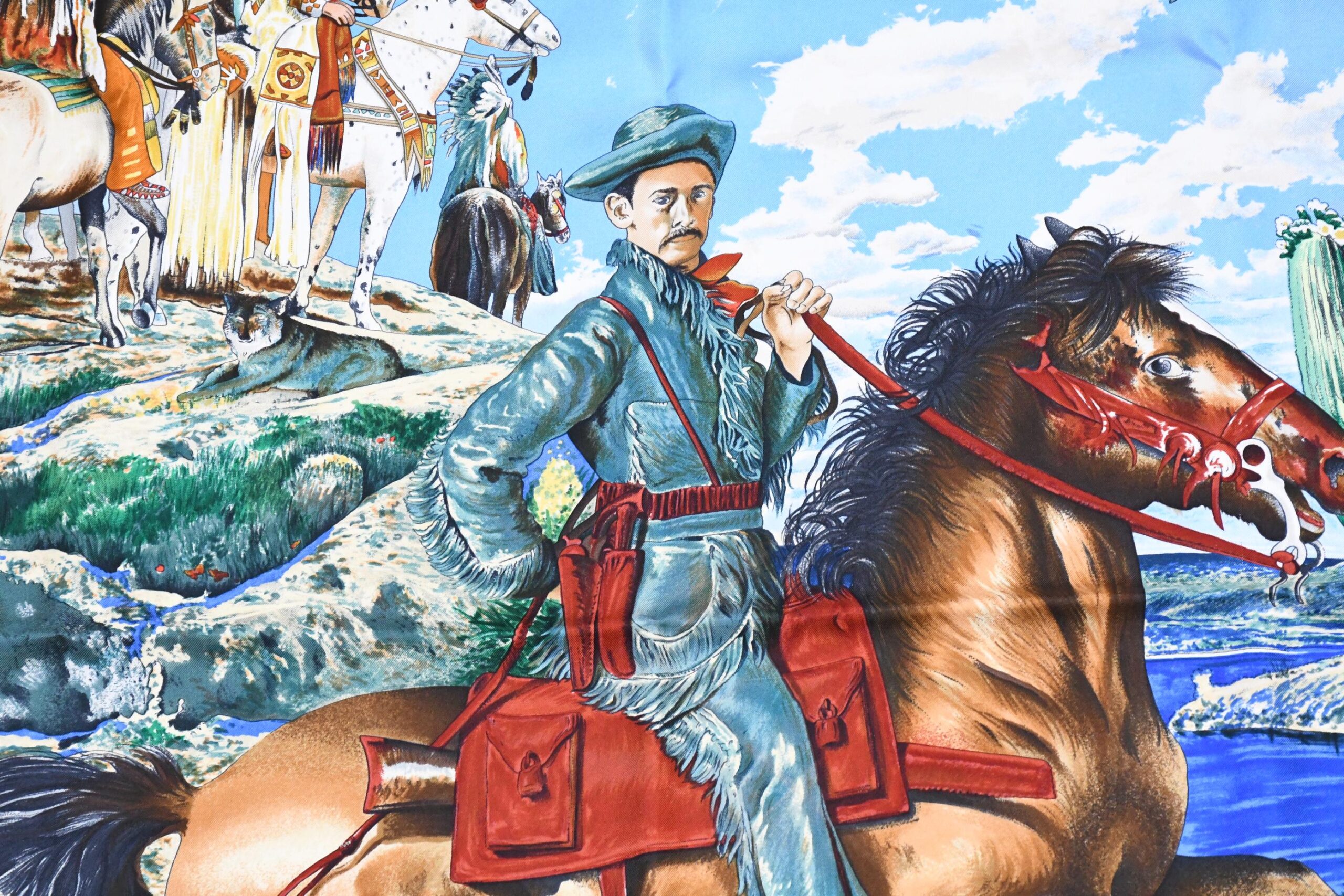 Hermes Scarf The Pony Express by Kermit Oliver 90 cm silk brown camel Carre post 35 APR64215_1202 (9)