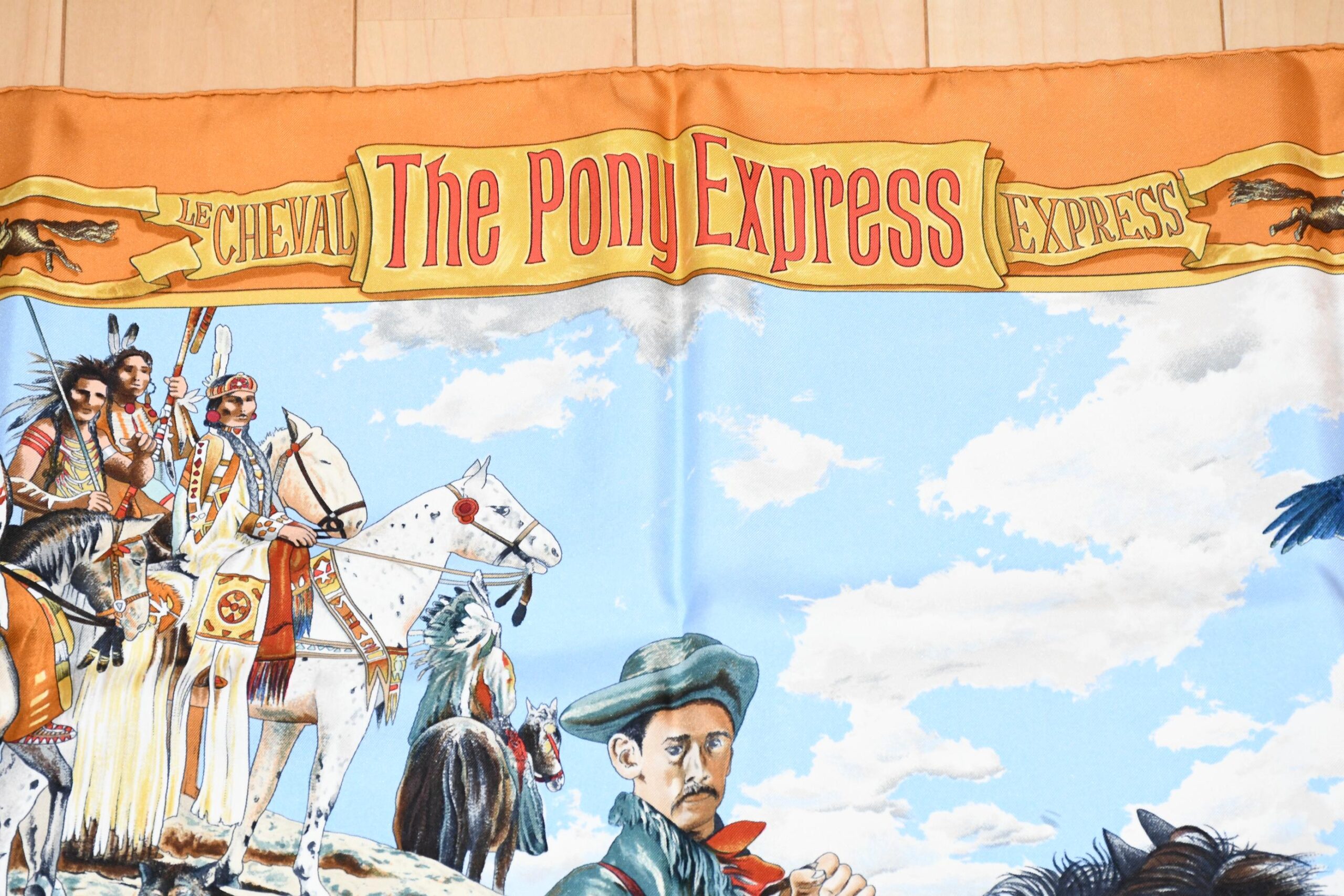 Hermes Scarf The Pony Express by Kermit Oliver 90 cm silk brown camel Carre post 35 AUC41393_0108 (10)