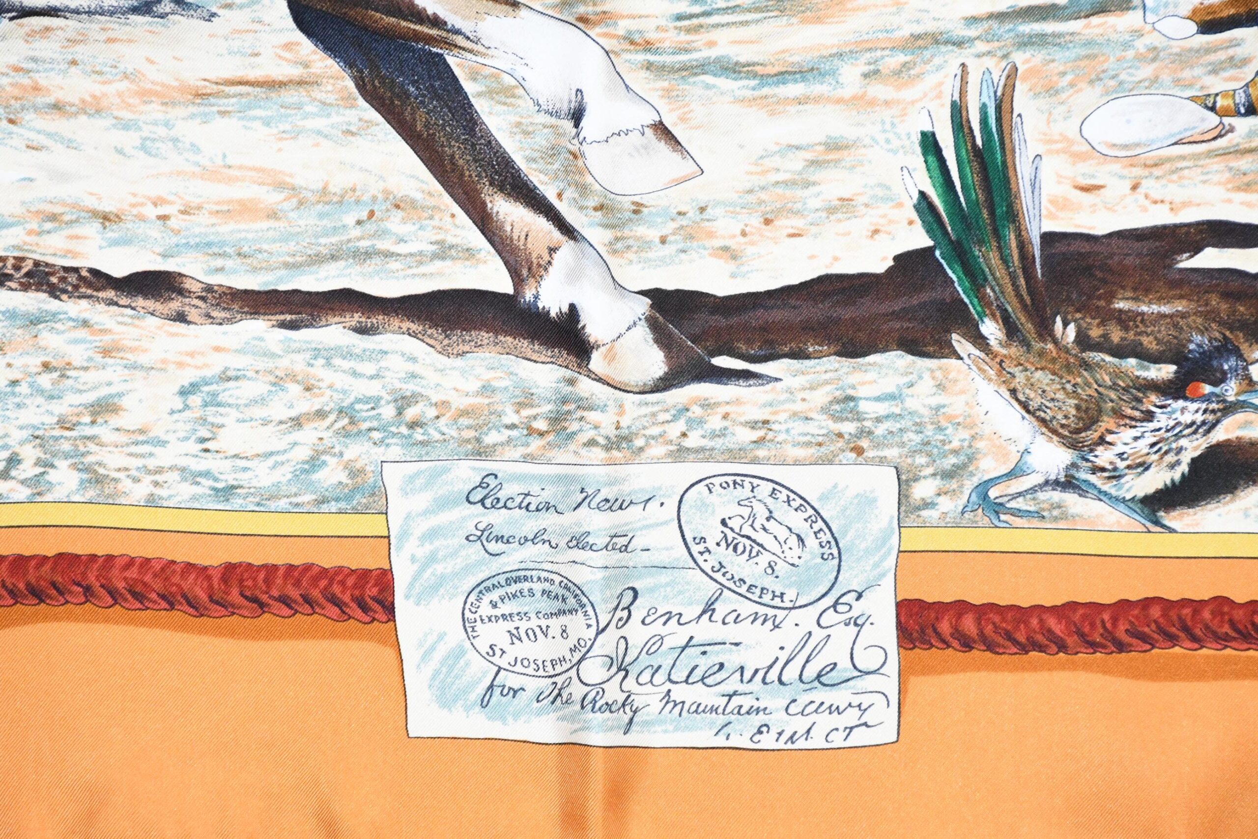 Hermes Scarf The Pony Express by Kermit Oliver 90 cm silk brown camel Carre post 35 AUC41393_0108 (11)