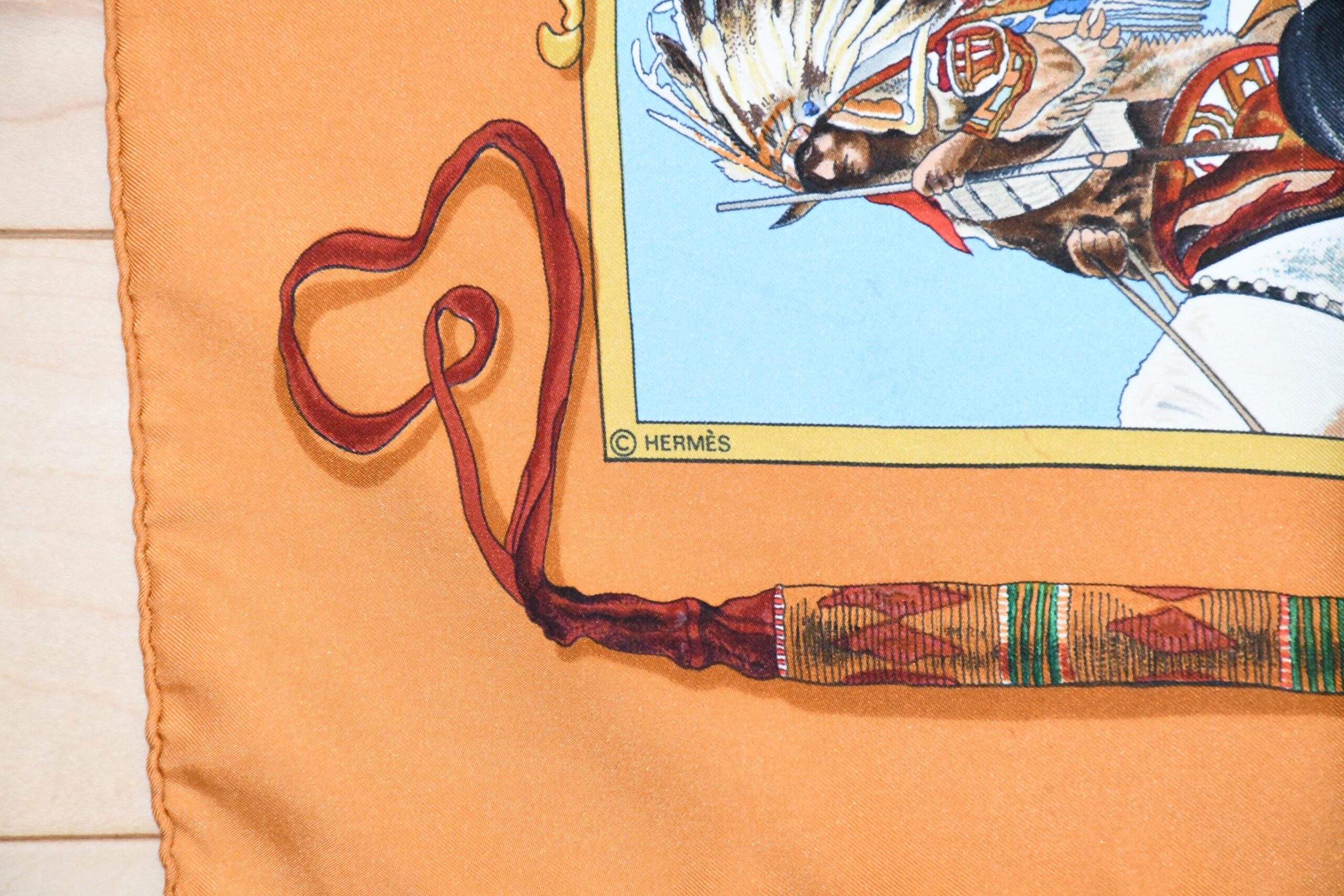 Hermes Scarf The Pony Express by Kermit Oliver 90 cm silk brown camel Carre post 35 AUC41393_0108 (13)