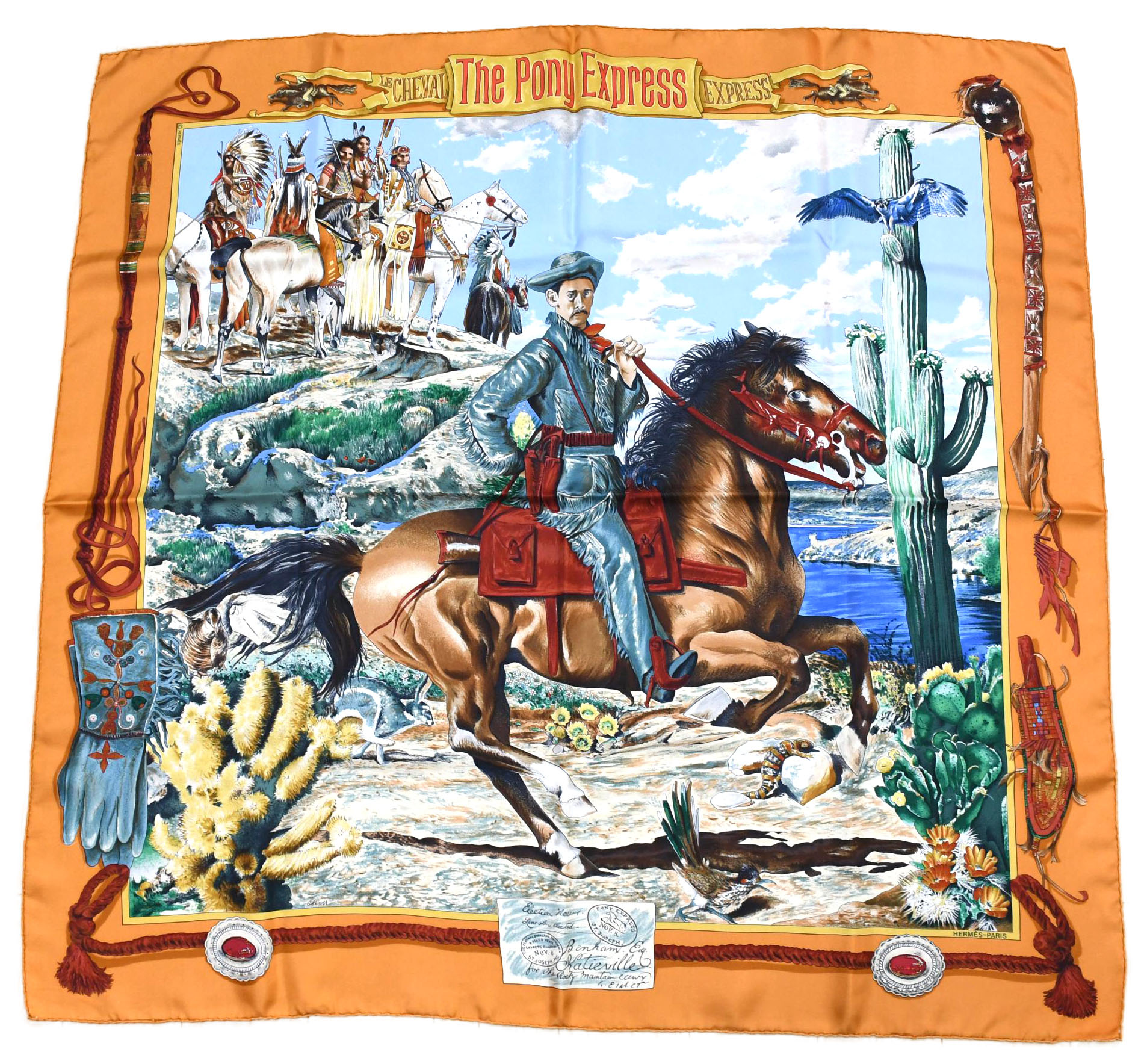 Hermes Scarf The Pony Express by Kermit Oliver 90 cm silk brown camel Carre post 35 AUC41393_0108 (14)