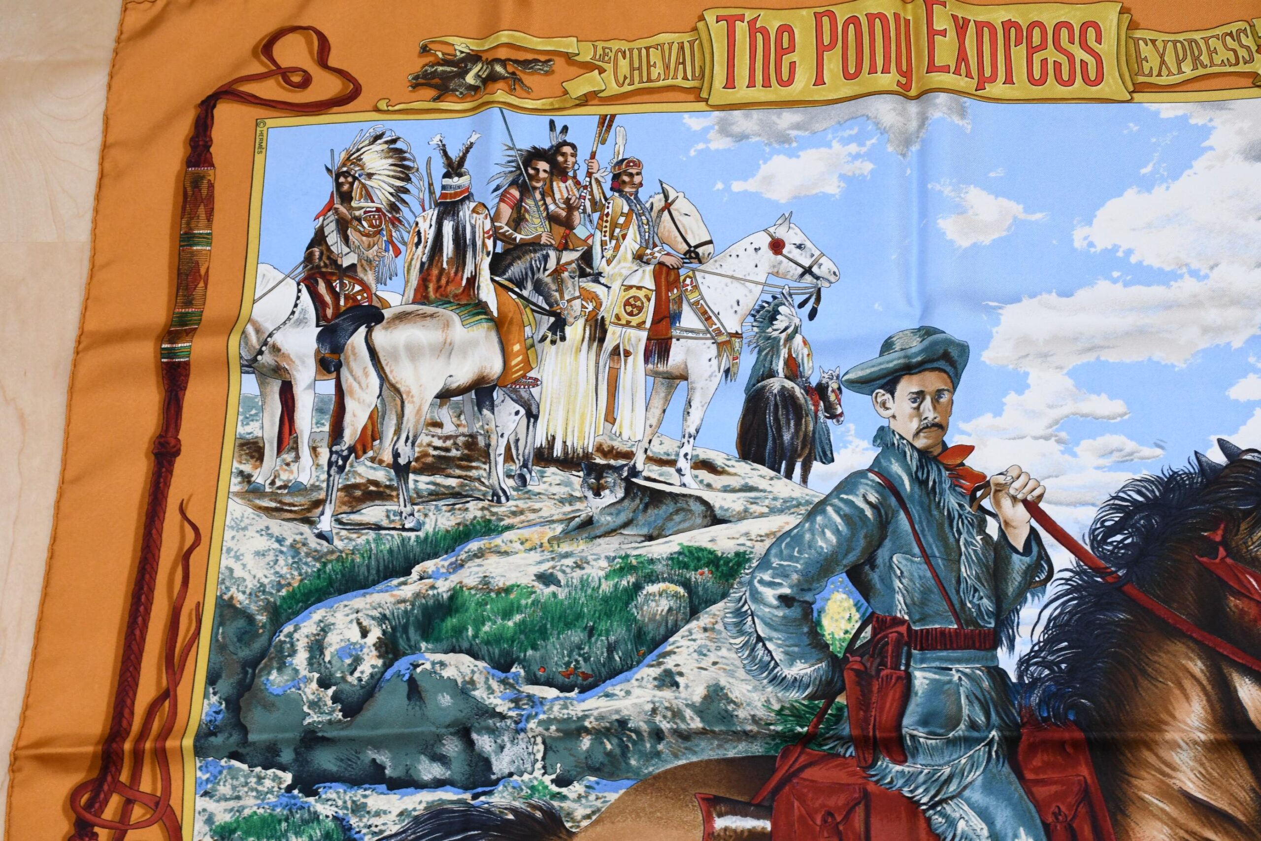 Hermes Scarf The Pony Express by Kermit Oliver 90 cm silk brown camel Carre post 35 AUC41393_0108 (15)