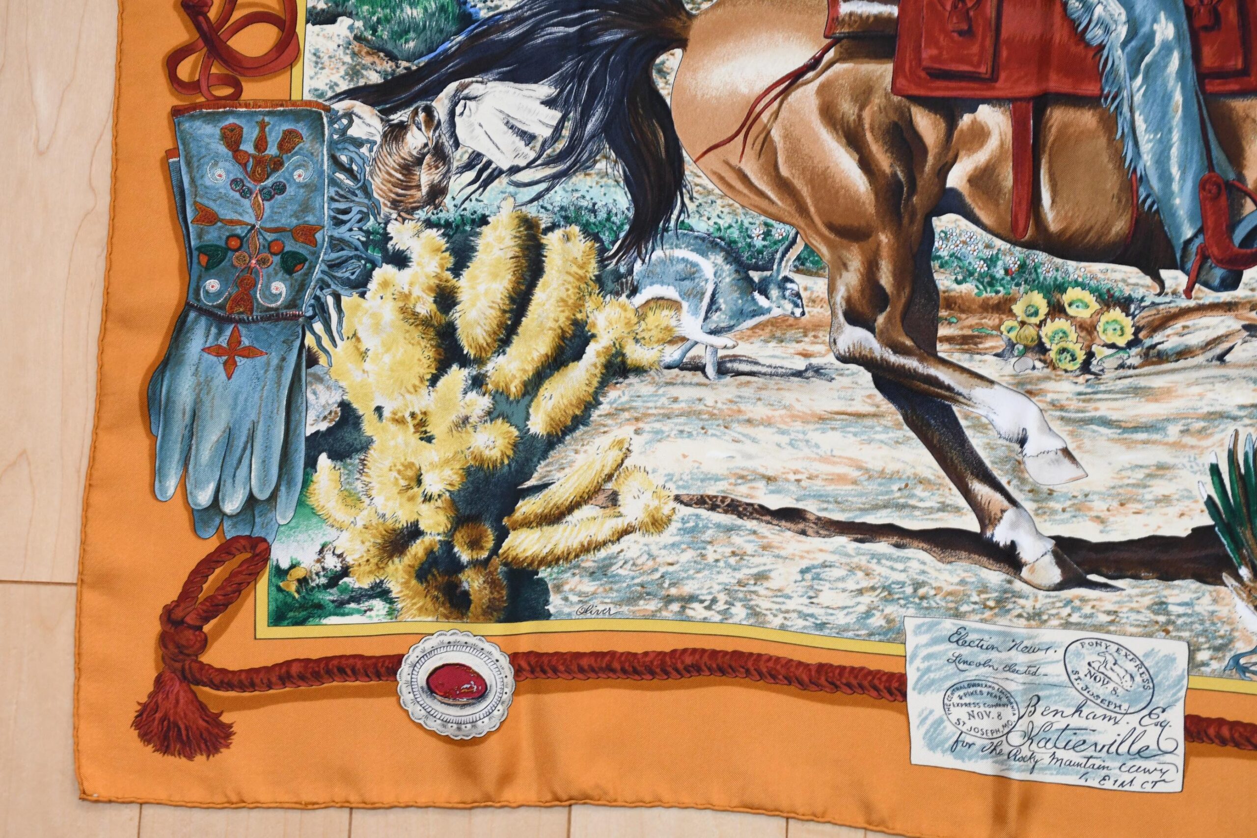 Hermes Scarf The Pony Express by Kermit Oliver 90 cm silk brown camel Carre post 35 AUC41393_0108 (17)