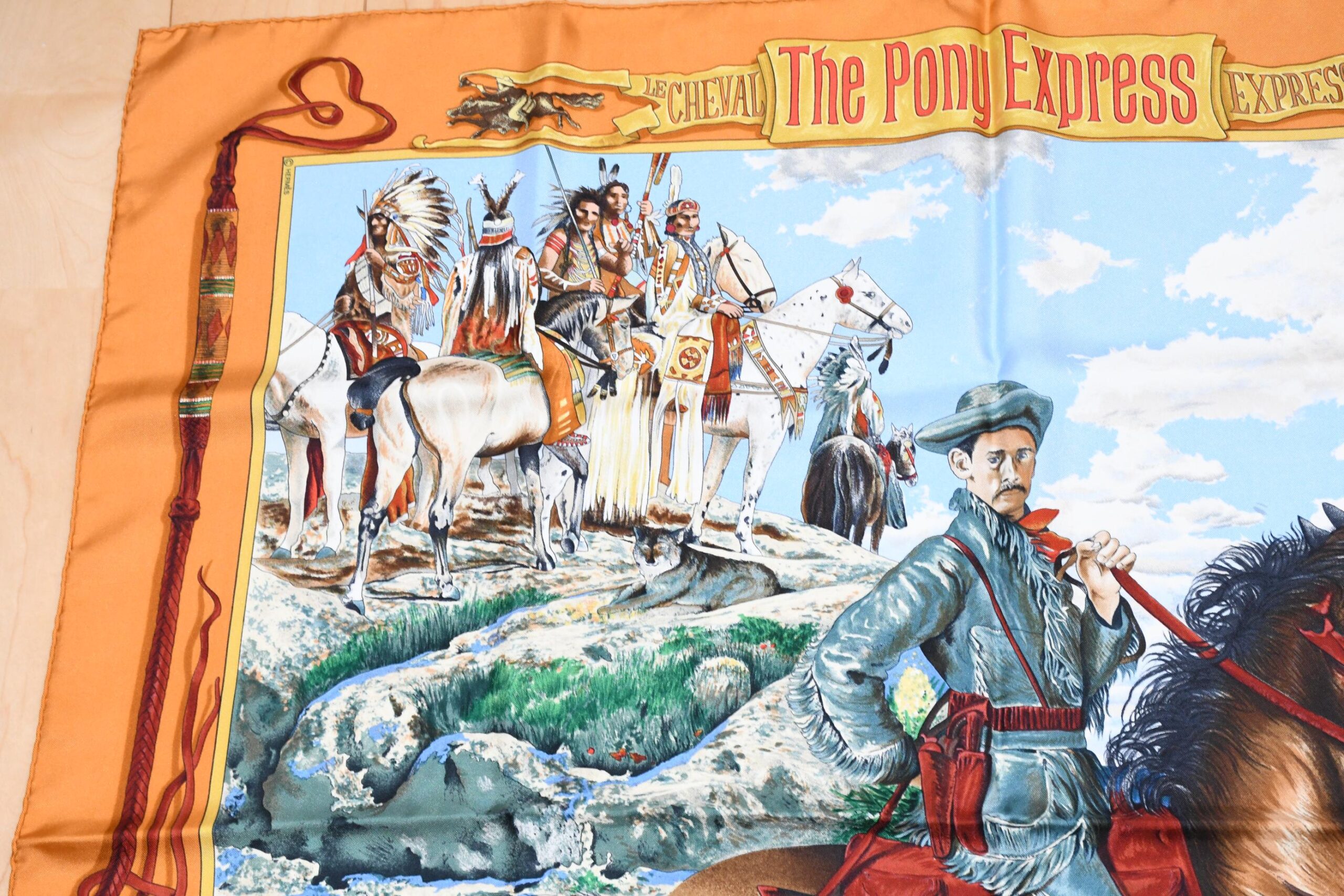Hermes Scarf The Pony Express by Kermit Oliver 90 cm silk brown camel Carre post 35 AUC41393_0108 (5)