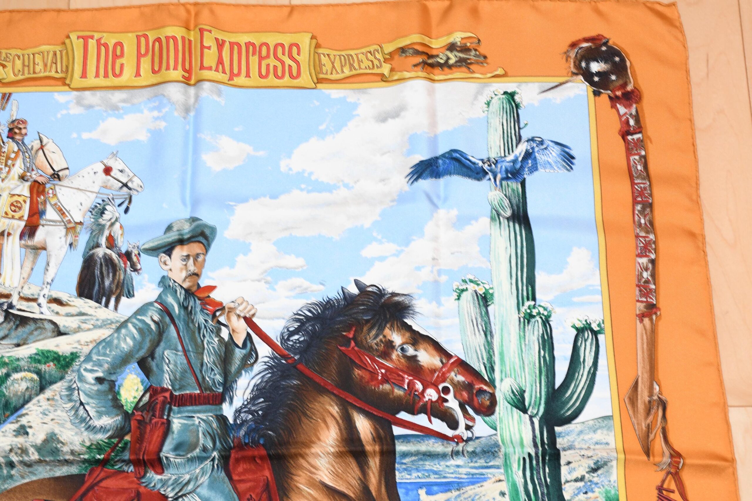 Hermes Scarf The Pony Express by Kermit Oliver 90 cm silk brown camel Carre post 35 AUC41393_0108 (6)