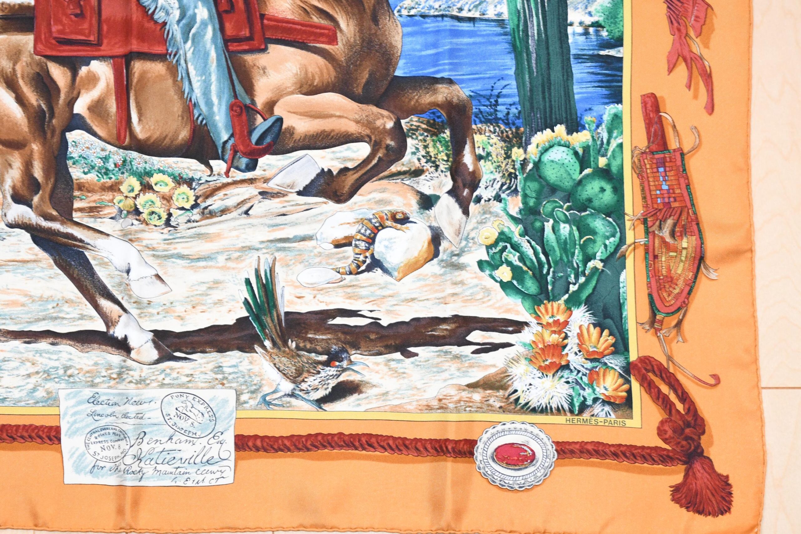 Hermes Scarf The Pony Express by Kermit Oliver 90 cm silk brown camel Carre post 35 AUC41393_0108 (7)