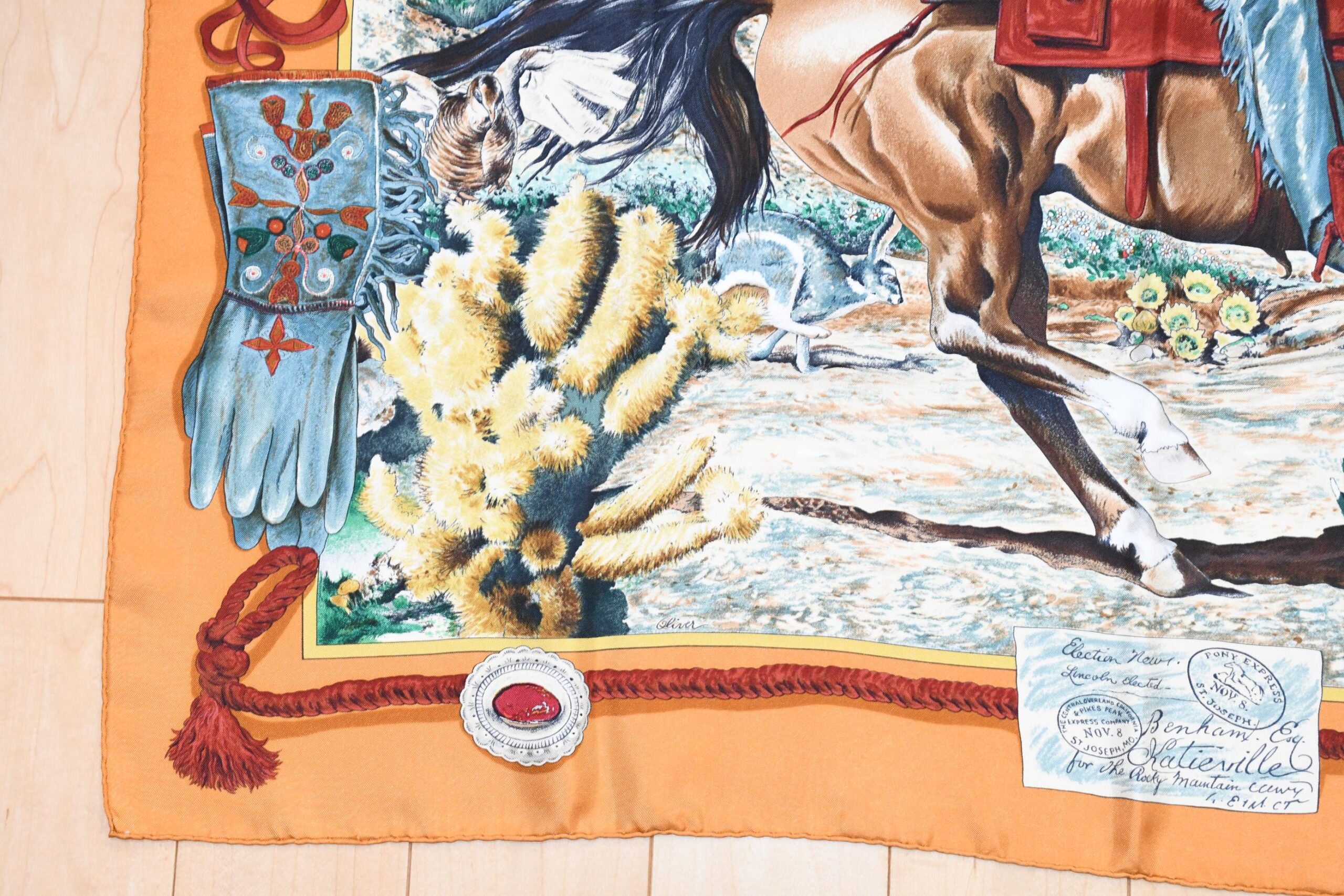 Hermes Scarf The Pony Express by Kermit Oliver 90 cm silk brown camel Carre post 35 AUC41393_0108 (8)