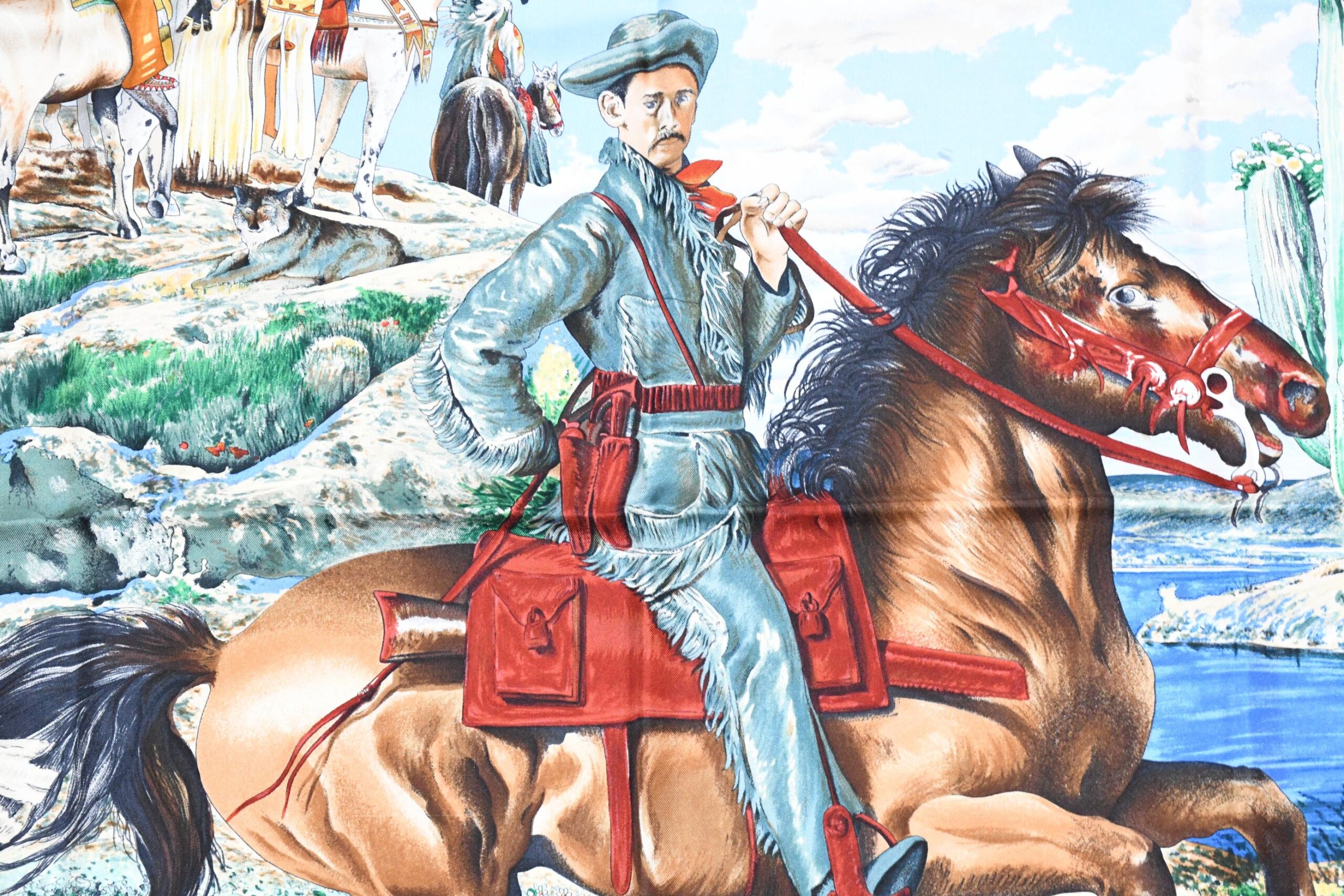 Hermes Scarf The Pony Express by Kermit Oliver 90 cm silk brown camel Carre post 35 AUC41393_0108 (9)