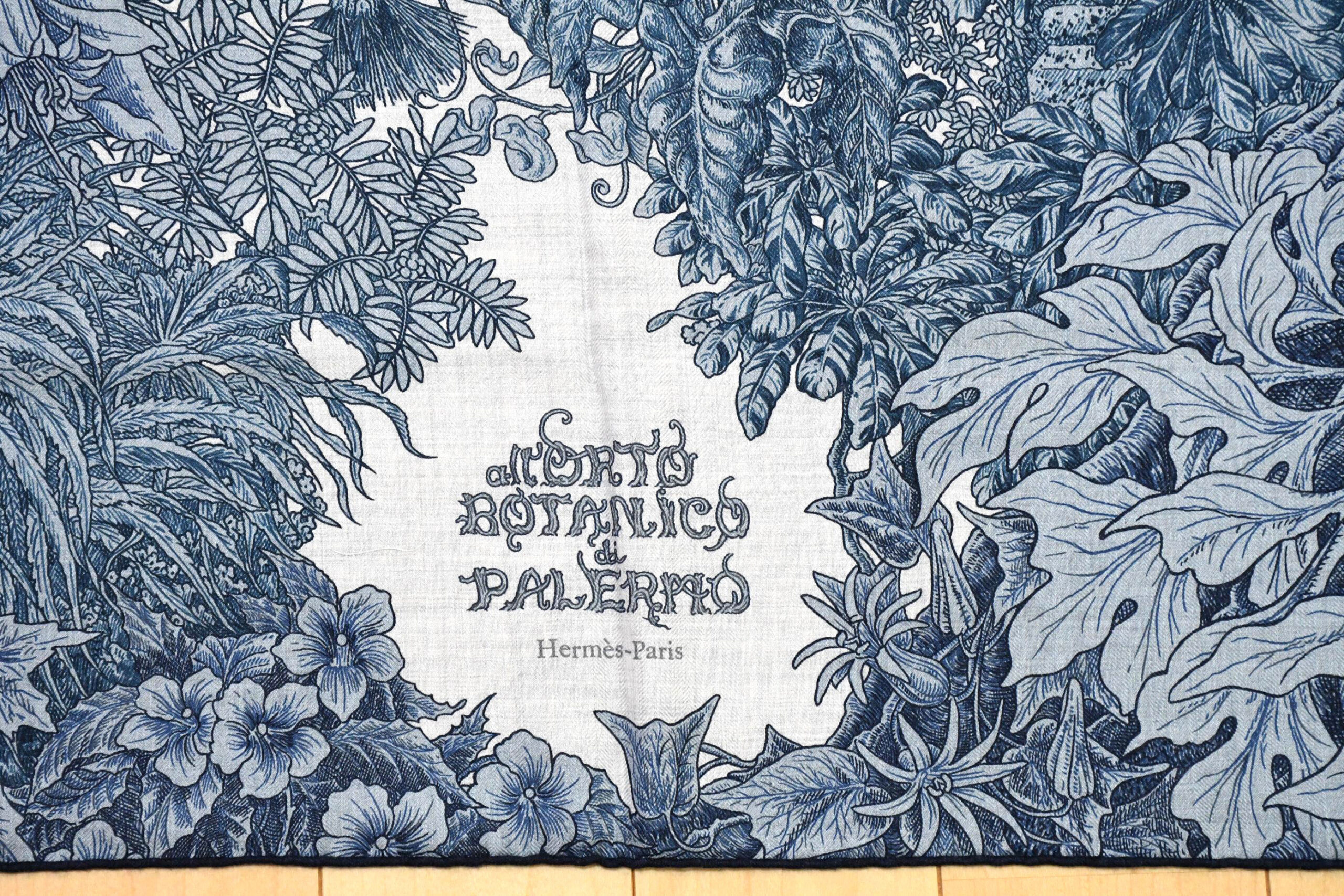 Hermes Shawl All'Orto Botanico di Palermo 140 cm Cashmere silk scarf stole botanical flower blue 56 ECO134200_0109 (9)