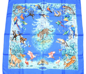 Hermes Scarf EQUATEUR 90 cm silk blue Carre panther jaguar cheetah 35"