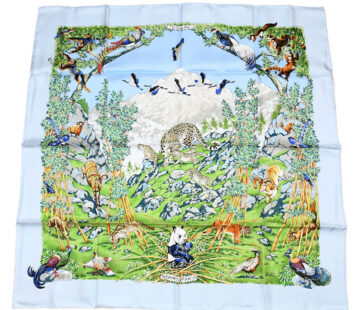 Hermes Scarf SICHUAN 90 cm by Robert Dallet cream light blue Carre Panda animal bird